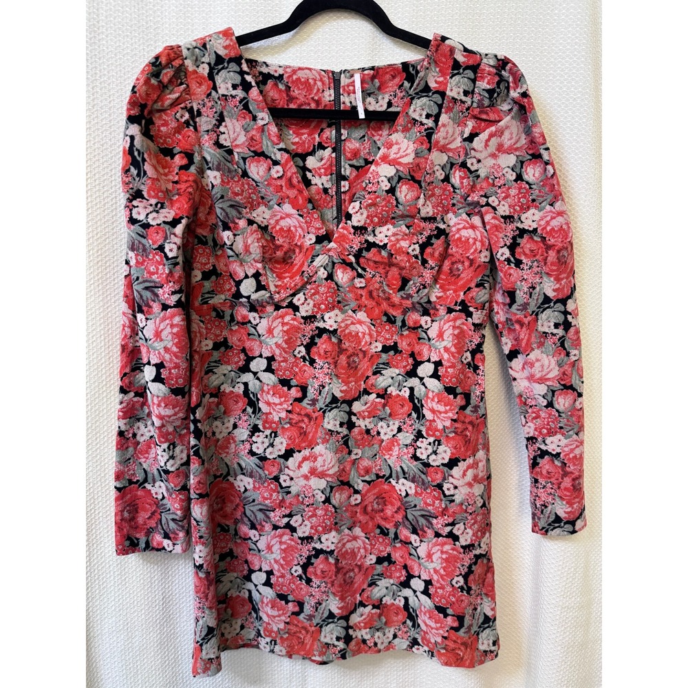 Free People Floral Corduroy Mini Dress Long Sleeve Puff Shoulder Size 8